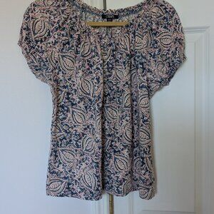 Chaps Women's Blue Paisley Short Sleeve Button Front Peasant Top Size Medium